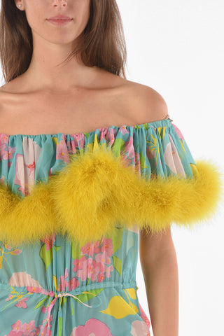 Feather Ornament Floral Patterned Silk Bodysuit