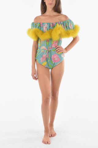 Feather Ornament Floral Patterned Silk Bodysuit