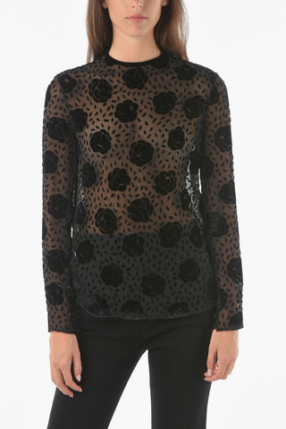 Top in Misto Seta Mesh con Motivo Floreale