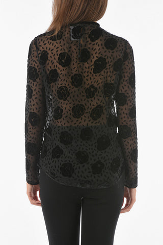 Top in Misto Seta Mesh con Motivo Floreale