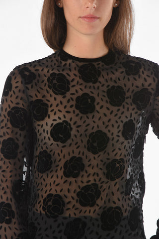 Top in Misto Seta Mesh con Motivo Floreale