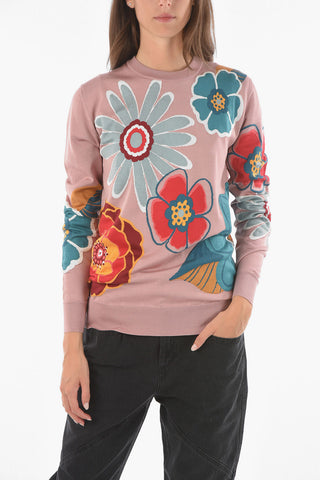 Crew Neck Floral Embroidery Silk Sweater