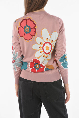 Crew Neck Floral Embroidery Silk Sweater