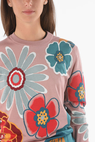 Crew Neck Floral Embroidery Silk Sweater