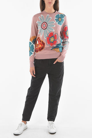 Crew Neck Floral Embroidery Silk Sweater