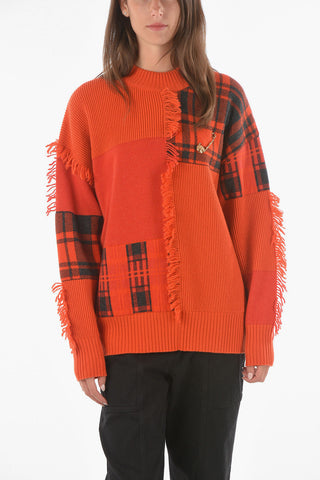 Crew Neck Fringed Detail Plaid Check Pullover