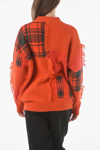 Crew Neck Fringed Detail Plaid Check Pullover