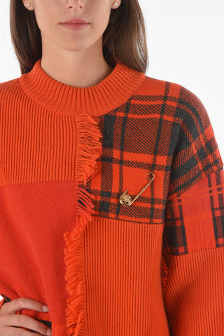 Crew Neck Fringed Detail Plaid Check Pullover
