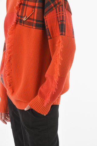 Crew Neck Fringed Detail Plaid Check Pullover