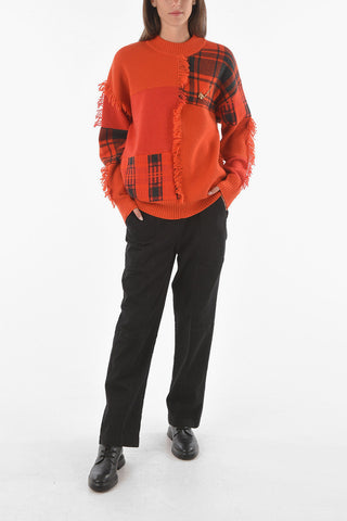 Crew Neck Fringed Detail Plaid Check Pullover