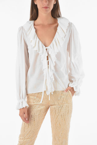 Puffed Sleeve Cotton Ruffle Front Blouse