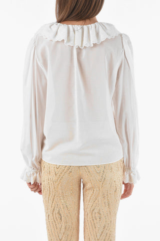 Puffed Sleeve Cotton Ruffle Front Blouse