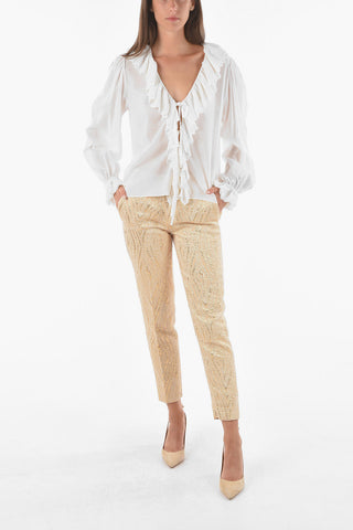 Puffed Sleeve Cotton Ruffle Front Blouse