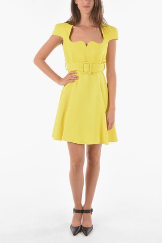 Sweetheart Neckline Short-sleeved Flared Dress with Belt