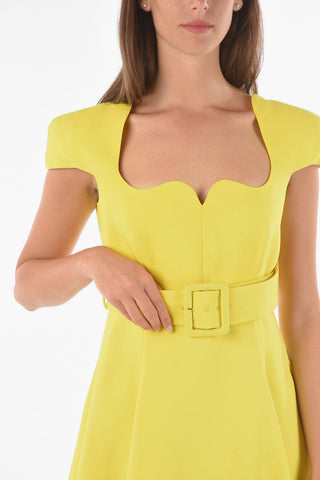 Sweetheart Neckline Short-sleeved Flared Dress with Belt