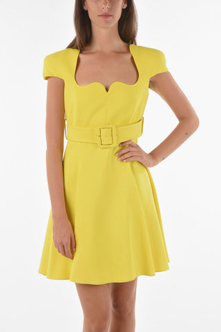 Sweetheart Neckline Short-sleeved Flared Dress with Belt