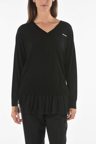 V Neck Wool Sweater with Tulle Bottom