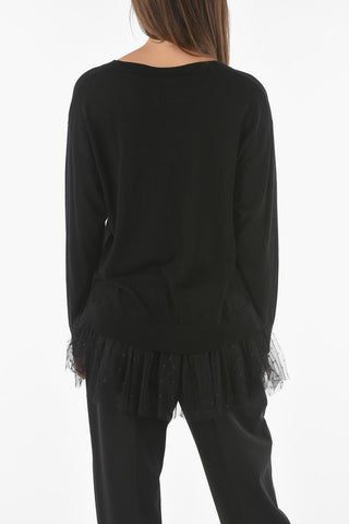 V Neck Wool Sweater with Tulle Bottom
