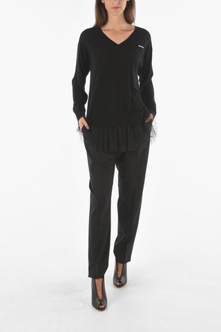 V Neck Wool Sweater with Tulle Bottom