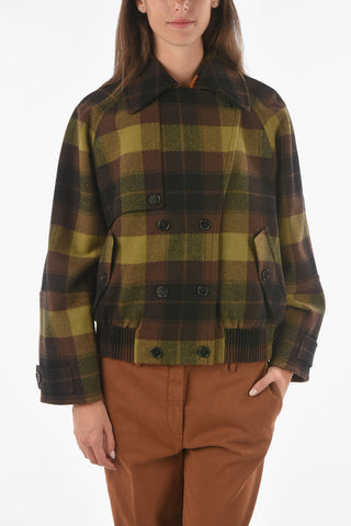 Wool Blend Double-breasted Coat with Plaid Check Motif