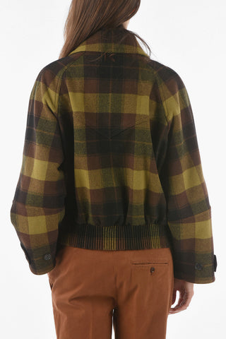 Wool Blend Double-breasted Coat with Plaid Check Motif