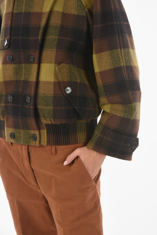 Wool Blend Double-breasted Coat with Plaid Check Motif