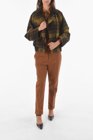 Wool Blend Double-breasted Coat with Plaid Check Motif