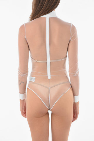 Long-sleeved Meshed Bodysuit with Contrasting Trims