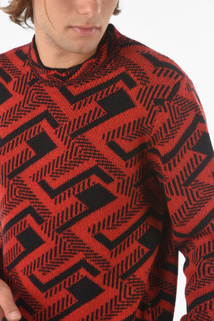 Crew Neck Geometric Patterned Wool Blend Pullover