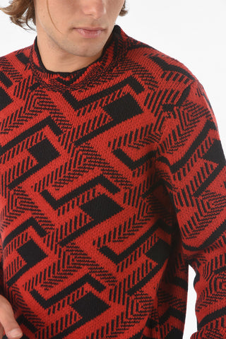 Pullover Girocollo in Misto Lana con Motivo Geometrico