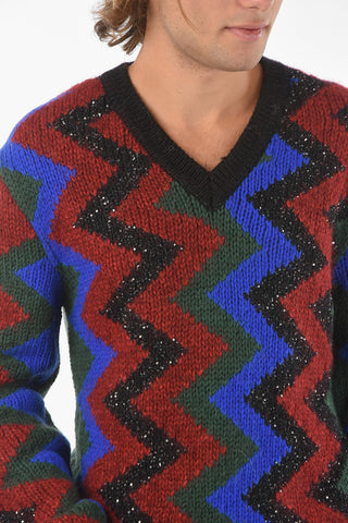 V Neck Sequined Wool Blend Pullover