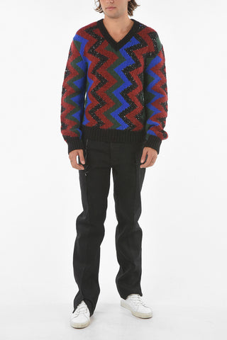V Neck Sequined Wool Blend Pullover