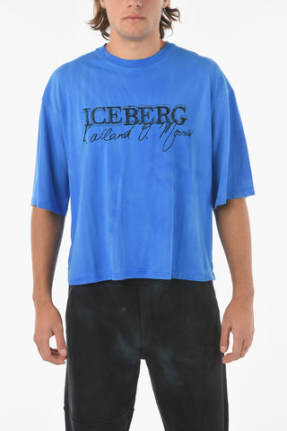 Acid Wash Effect Crew-neck T-shirt with Logo-Embroidery