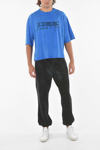 Acid Wash Effect Crew-neck T-shirt with Logo-Embroidery