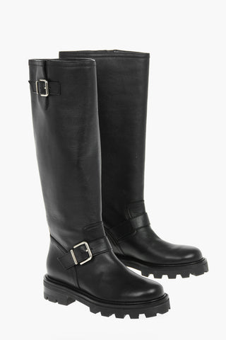 Leather BIKER Knee-high Boots embellished with Buckles