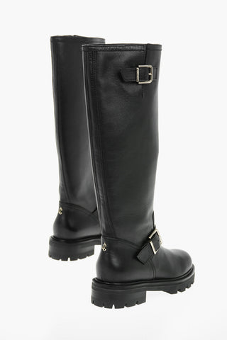 Leather BIKER Knee-high Boots embellished with Buckles