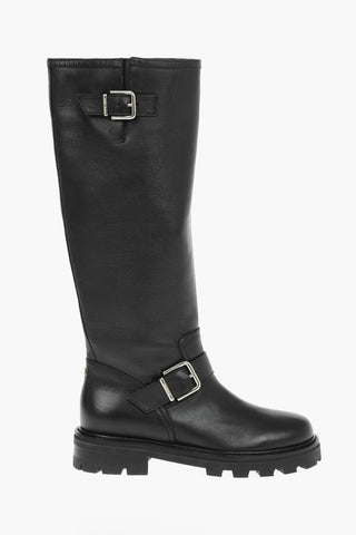 Leather BIKER Knee-high Boots embellished with Buckles