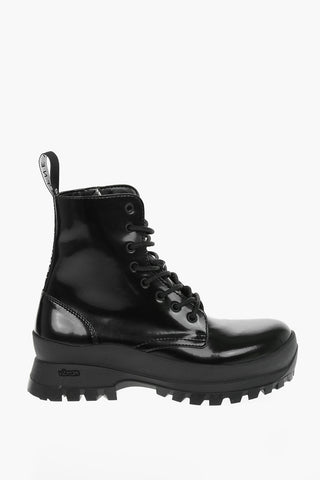 Faux Leather Combat Boots with Lettering Logo and Statement Sole