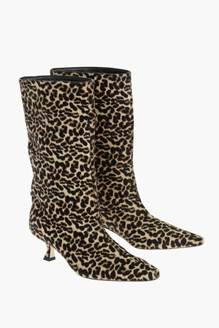Leopard Printed CHADEE Ponyskin Pointed-toe Booties with Spool Heel 5cm