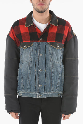 Padded Sleeve Quilted Denim Jacket with Plaid Check Detail