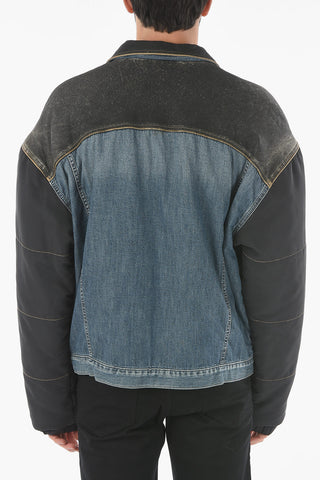 Padded Sleeve Quilted Denim Jacket with Plaid Check Detail