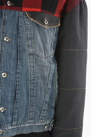 Padded Sleeve Quilted Denim Jacket with Plaid Check Detail
