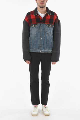 Padded Sleeve Quilted Denim Jacket with Plaid Check Detail