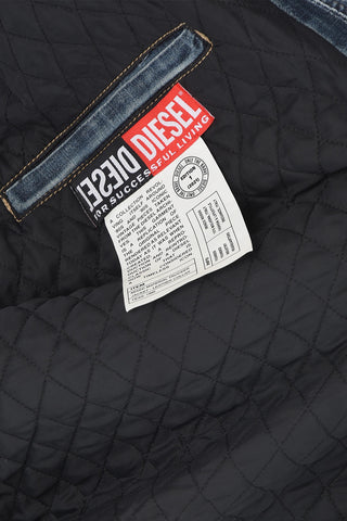 Padded Sleeve Quilted Denim Jacket with Plaid Check Detail