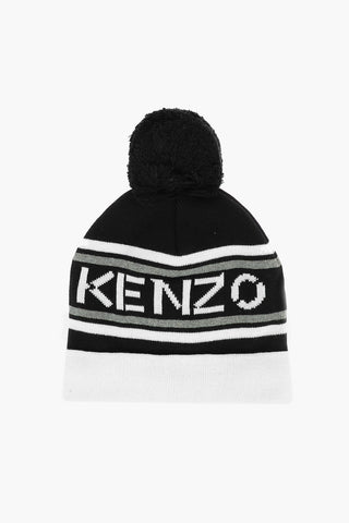 logo embroidered beanie with pom-pom