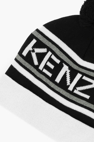 logo embroidered beanie with pom-pom