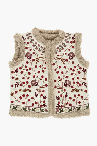 Floral-Embroidered Sleeveless Jacket with Faux Fur Inner