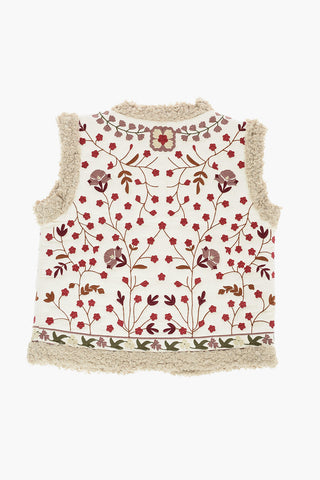 Floral-Embroidered Sleeveless Jacket with Faux Fur Inner