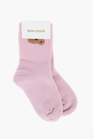 Ribbed Long Socks with Teddy Embroidery