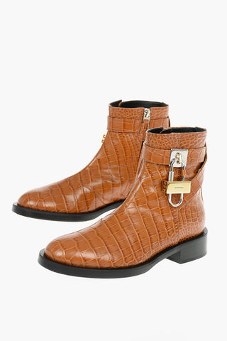 Croco Printed Leather Ankle Boots with Logoed Lock Buckle
